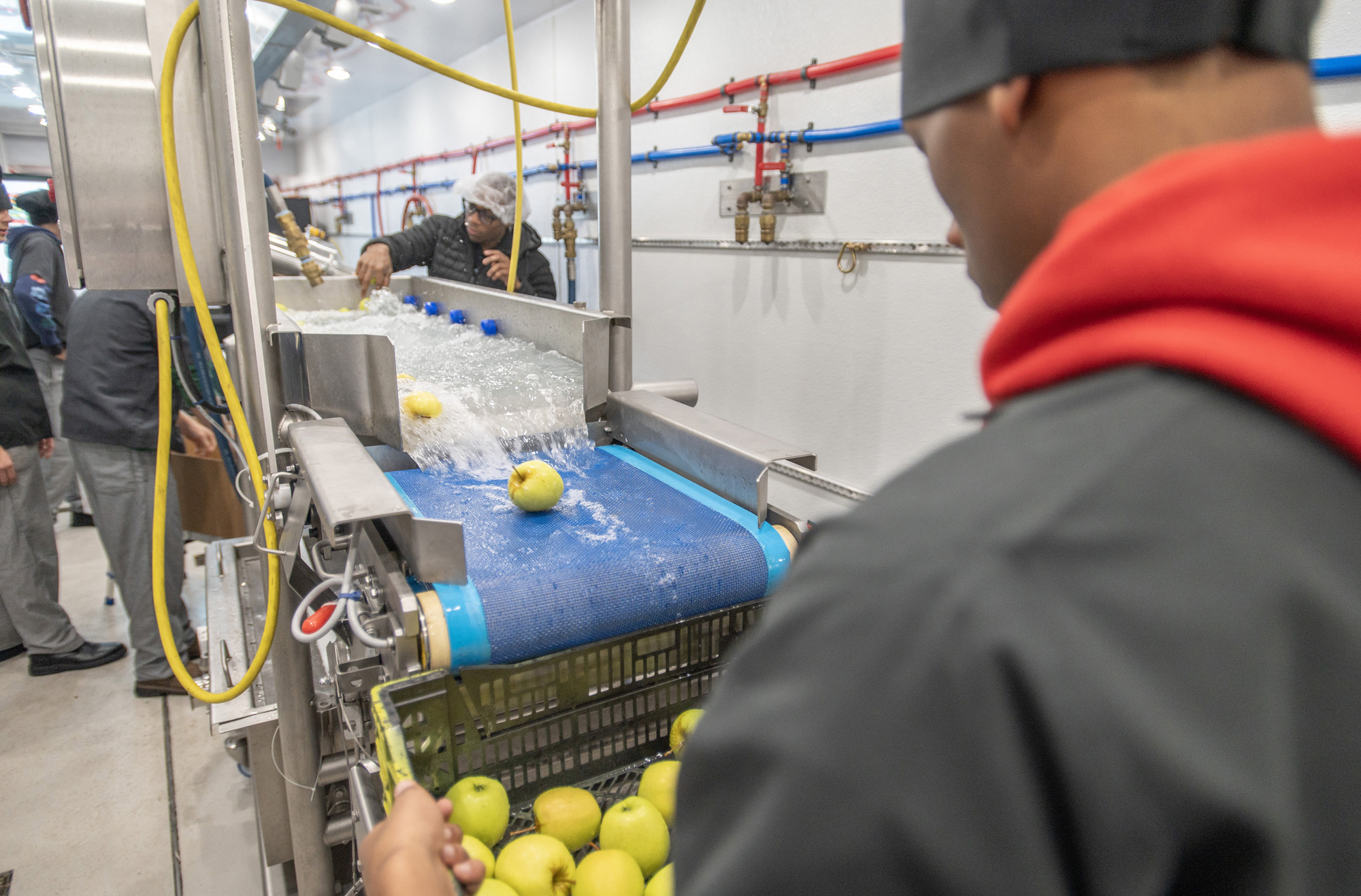 Apples move along a washing conveyor as participants observe food processing equipment inside Michigan State University&rsquo;s mobile food processing lab.